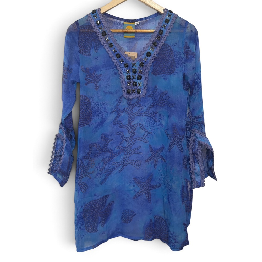 Aremar Blue Sheer Beaded Beach Tunic Cover-Up Starfish Coral Print S/M NWT